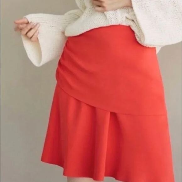 New Massimo Dutti Tiered Flowy Mini Skirt A Line Ruched Side Red Orange Size 8 - Picture 1 of 9